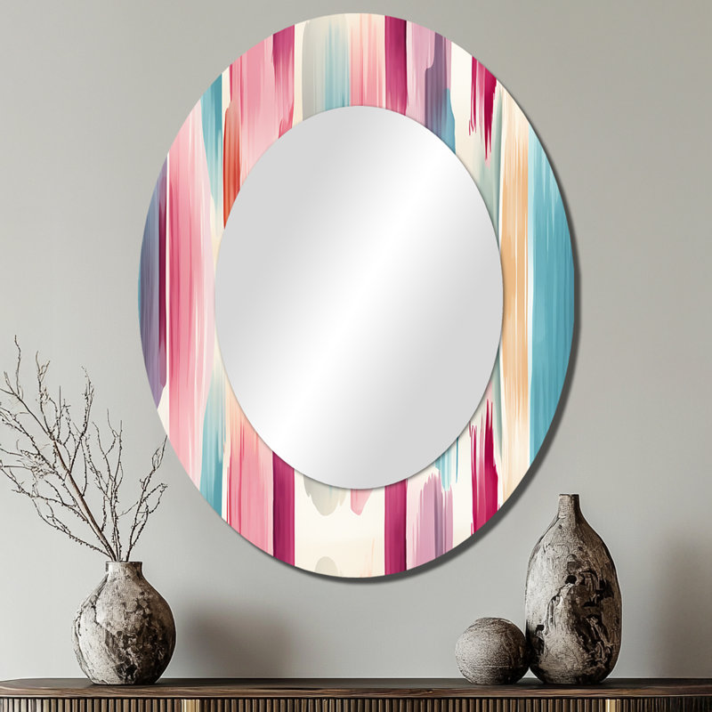 Miroir mural Mid-Century ovale bleu et rose, H 40 po x l 30 po