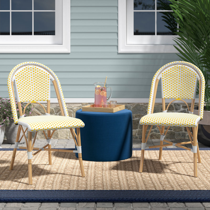 Casidy Wicker Premium All-Weather Wicker Outdoor Dining Side Chair, Yellow/White