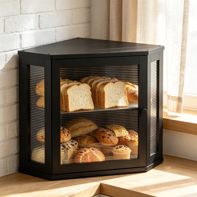 Corner Bread Box for Kitchen Countertop, Large Capacity Double Layer Bamboo Wooden Bread Storage Bin with Acrylic Door and Magnetic Closure