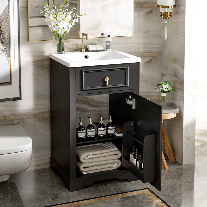 Meuble-lavabo de 20 pouces avec lavabo en céramique, porte à fermeture douce, tablette réglable et support de rangement fixé à la porte - idéal pour les petites salles de bain