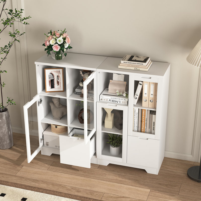 Armoire avec portes en verre et tiroir, espace de rangement ouvert