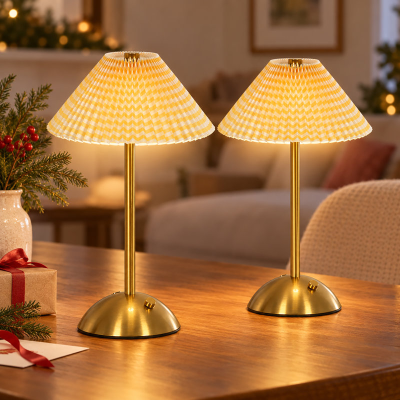 Lampe de table rechargeable en tissu plissé avec gradation tactile pour bureau (ensemble de 2), Jaune / laiton antique