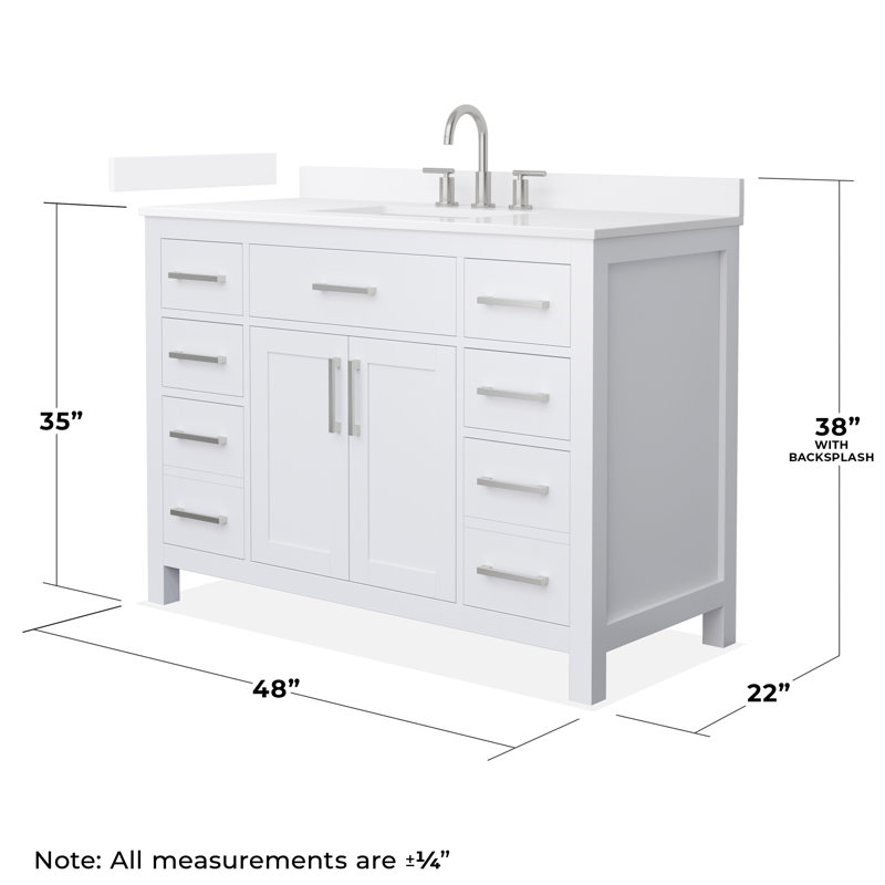Beckett 48" Freestanding Single Bathroom Vanity with Quartz Top, White, Brushed Nickel, White Quartz