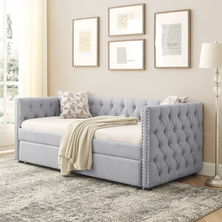 Daybed With Trundle Upholstered Tufted Sofa Bed, With Button And Copper Nail On Square ArmsBoth Twin Size, Beige86"X42.5"X33.5"