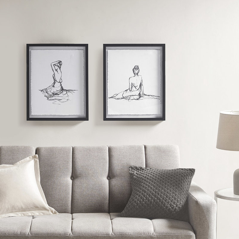 Sketch Wall Art - 2 Pieces Black And White Deckled Edge Paper Print With Matt Artist Elegant 2 Hangers