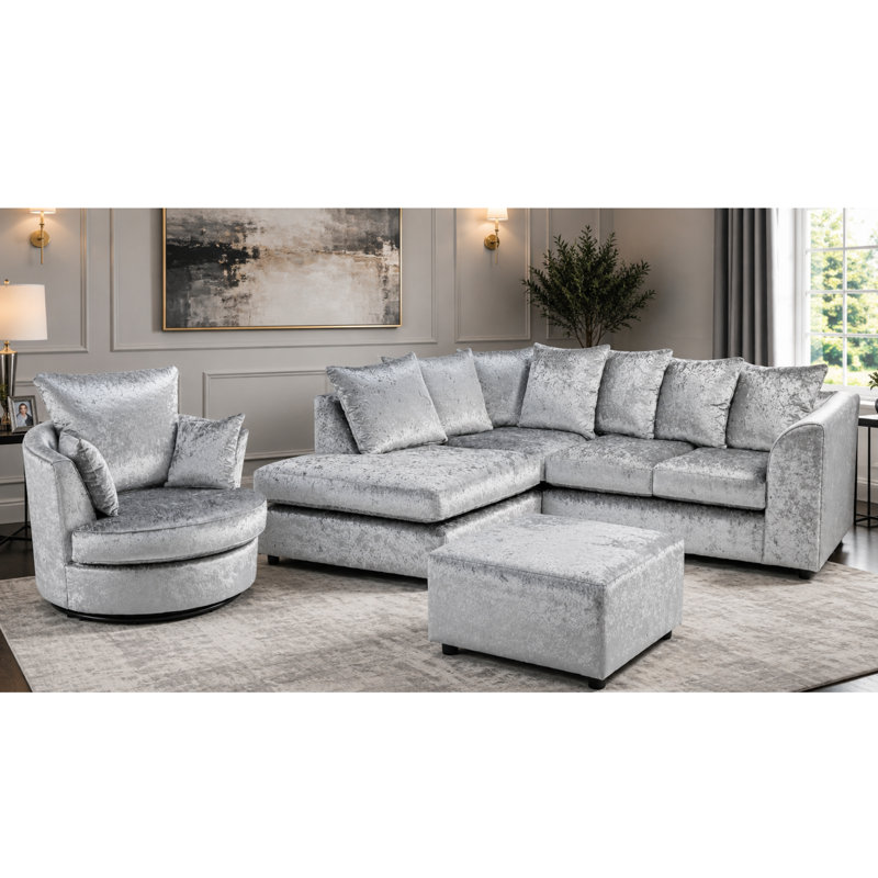 4 Seater Velvet Sofa & Chaise, Silver