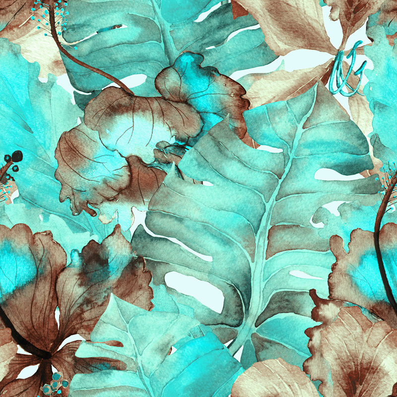 Papier peint floral à feuilles turquoise, L 27,96 po x l 39 po