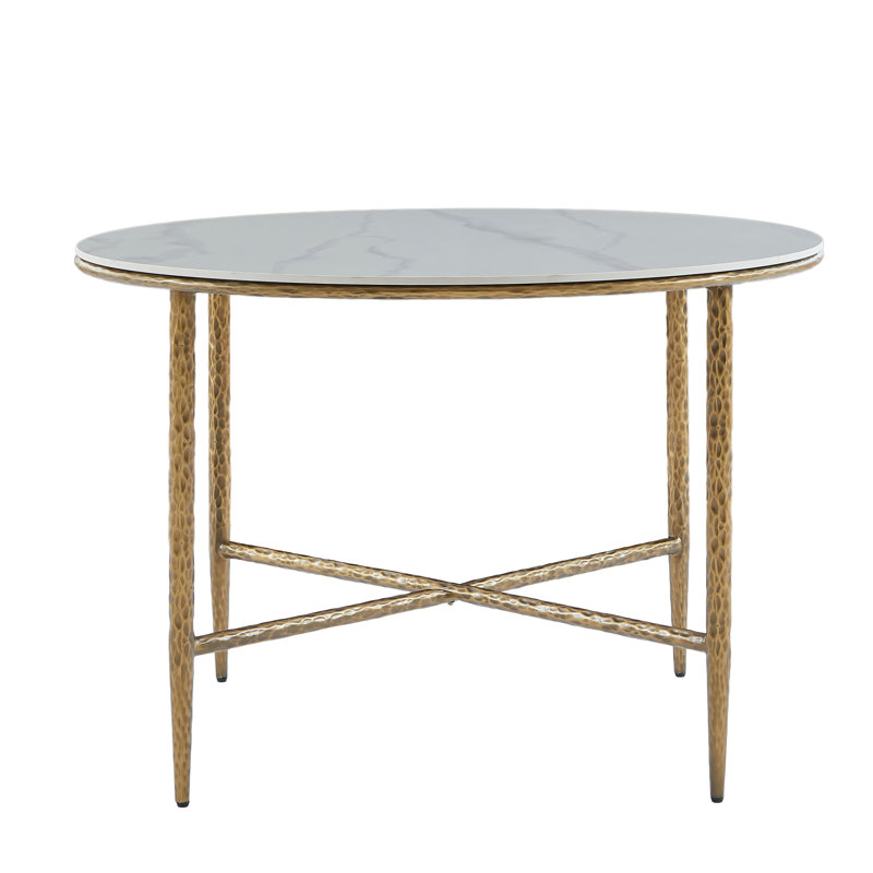 Rivet Modern Industrial Sintered Stone Dining Table with Forged Metal Base, Forged Brass