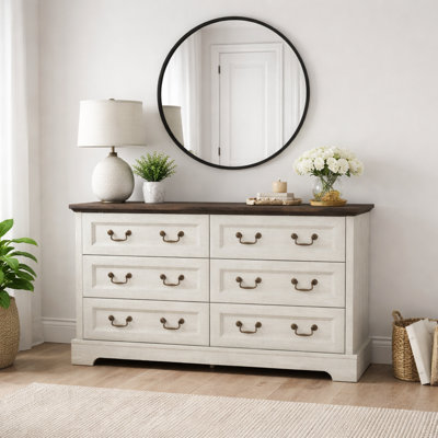 Commode 6 tiroirs Farmhouse, commode en bois rustique avec poignées en métal pour un rangement large et polyvalent dans plusieurs pièces