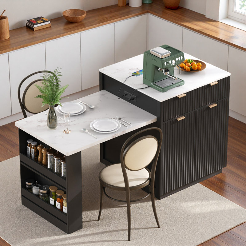 Îlot de cuisine cannelé avec table de salle à manger extensible, prise de courant, rangement double, 2 tiroirs et 2 tablettes ouvertes latérales