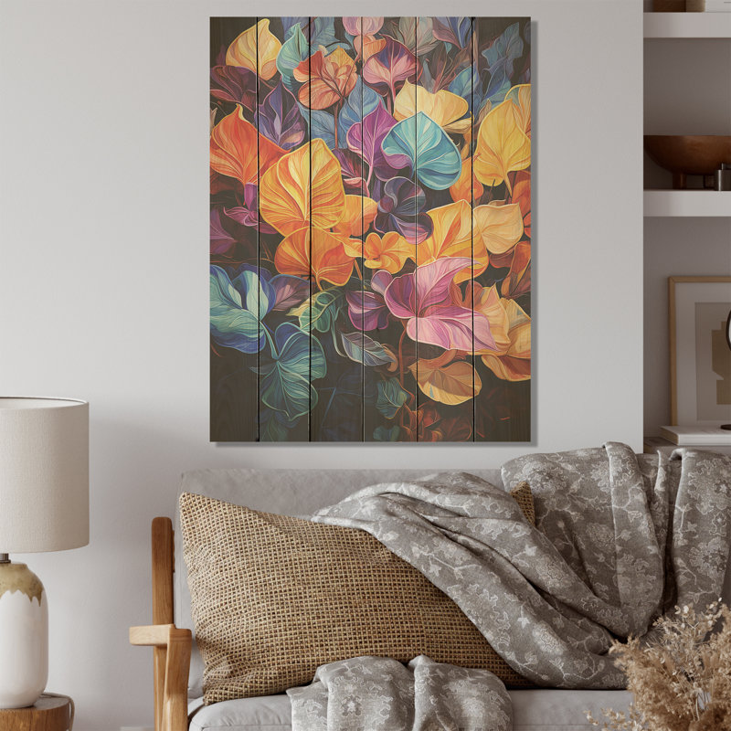 Feuilles lumineuses colorées - Art mural en bois sur bois de pin naturel, H 40 po x l 30 po