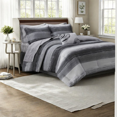 Ensemble de literie 9 pièces noir en microfibre ultra douce avec motif aquarelle moderne, taille double