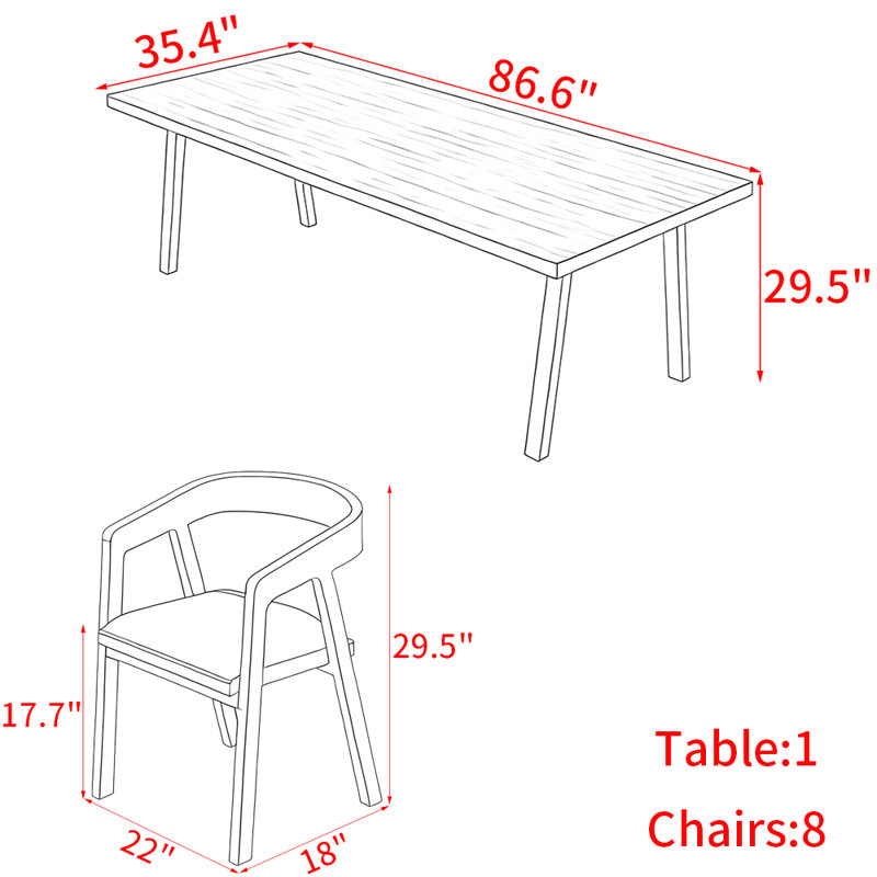 Ensemble de table de salle à manger en bois massif de style nordique, H 29,5 po x L 86,6 po x l 35,4 po