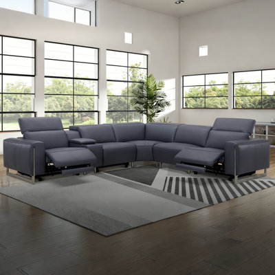 Canapé modulaire 6 pièces en cuir bleu ardoise avec trois fauteuils inclinables électriques