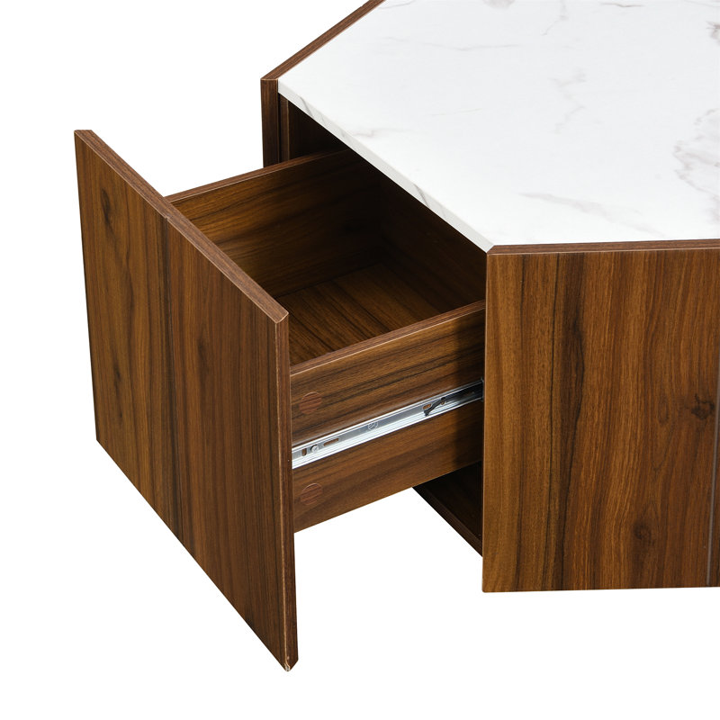 Table basse hexagonale rustique en bois rétro (table incluse seulement), Noyer, Blanc