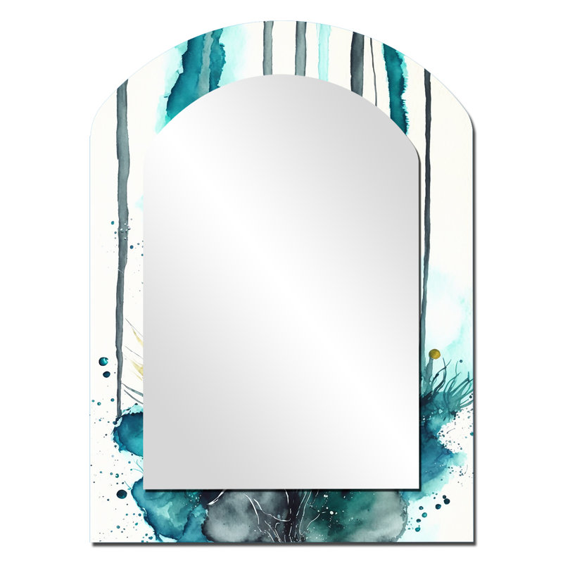 «Tropical Turquoise Joyfulness V», grand miroir mural asymétrique à encre liquide, miroir moderne arche unique, impression d'art en métal