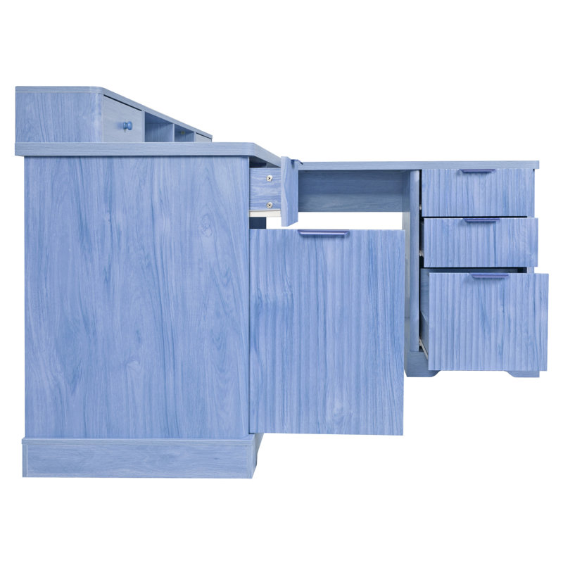 59'' L Shaped Desk With Power Outlets, USB Charging Ports And Storage, Blue