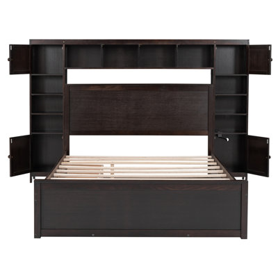 Queen Size Wooden Bed with Built-in Storage, Shelves & Outlets, Espresso