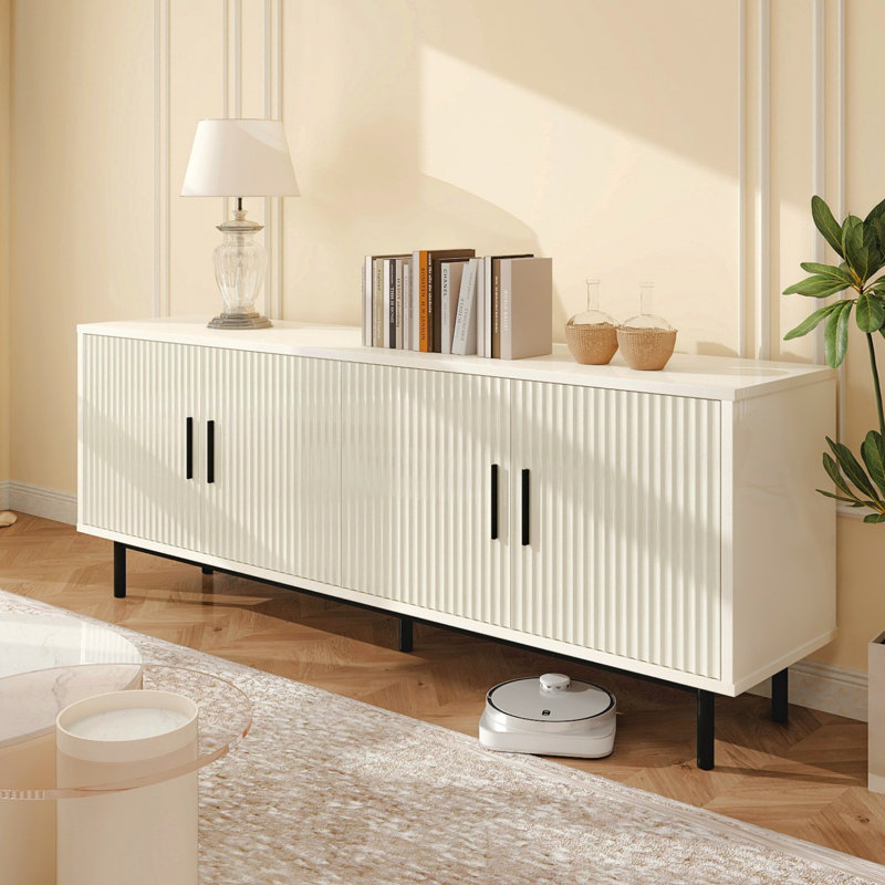 70" Modern Fluted Tv Stand For Living Room - Adjustable Shelves, Storage, Fits 80" Tvs, White, White