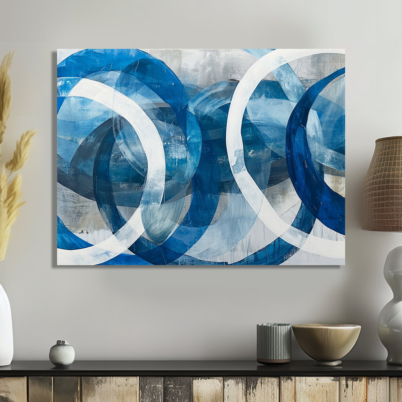 Blanc cercles bleus clairs - art mural géométrique, Métal métal, H 30 po x l 40 po x P 1,5 po