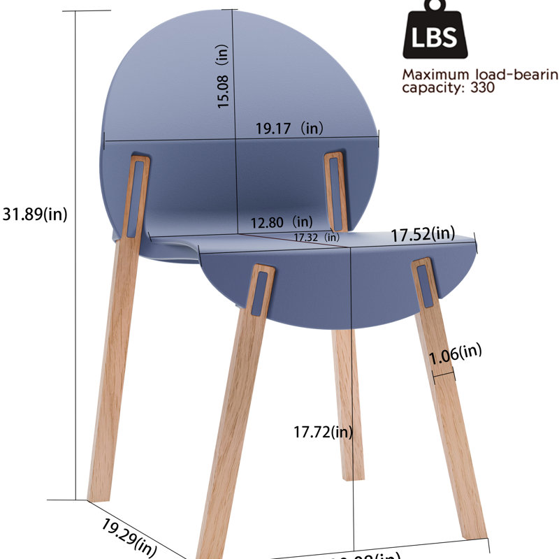 Indoor Dining And Living Room 4 - Chair In Grey Blue, Red Oak Legs Hand Made With Unique Character, Industrial Grade Polypropylene Seat That Is Waterproof Scratch Proof, Commercial Strength, Floor