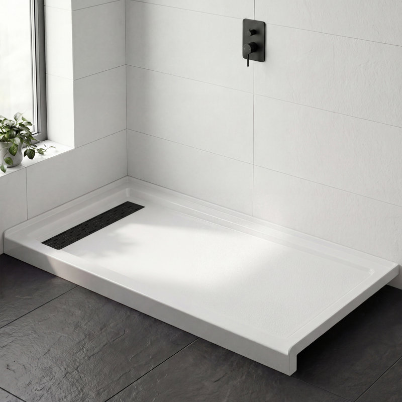 60" x 32" Acrylic Shower Pan Base with Slip-Resistance Finish & Matte Black Linear Drain Cover, Left Drain, Matte Black