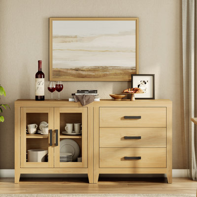 Large Sideboard Buffet Cabinet, Farmhouse Kitchen Storage Cabinet With Glass Doors And 3 Drawers, Wood Coffee Bar Table With Adjustable Shelf For Dining Room, Living Room,Oak