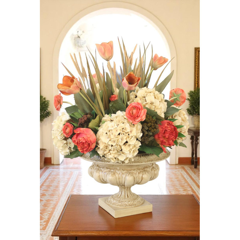Tulip, Hydrangea, and Peonies in Urn