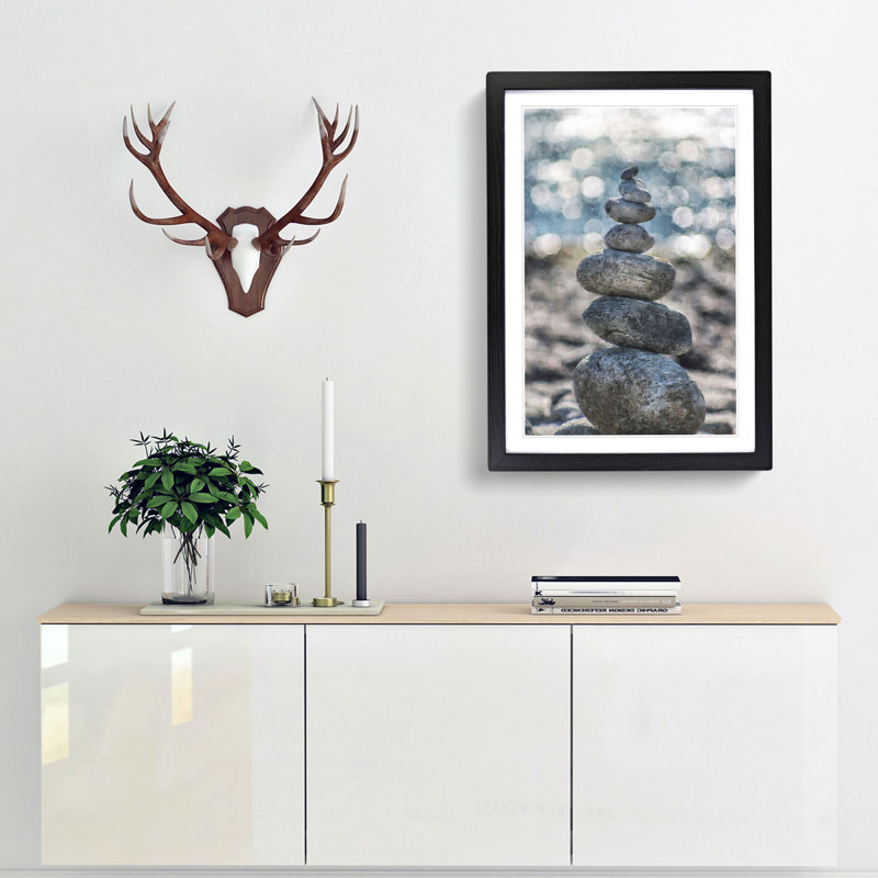 Stacked Zen Stones Painting - Framed Print, Black Framed, 87cm H x 62cm W x 2cm D
