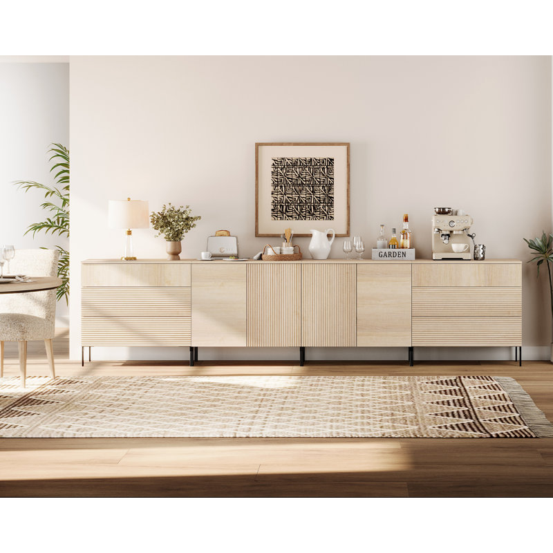 126" Modern Reeded 4-Door Sideboard With Drawers, 4-In-1 Wooden Credenza Storage Cabinet For Kitchen, Dining Room, Beige