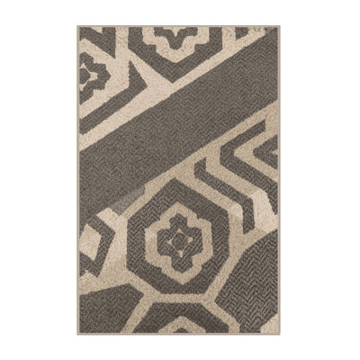 Machine Washable Wynsum Global Inspired Moroccan Rug in Gray – Beige Binding