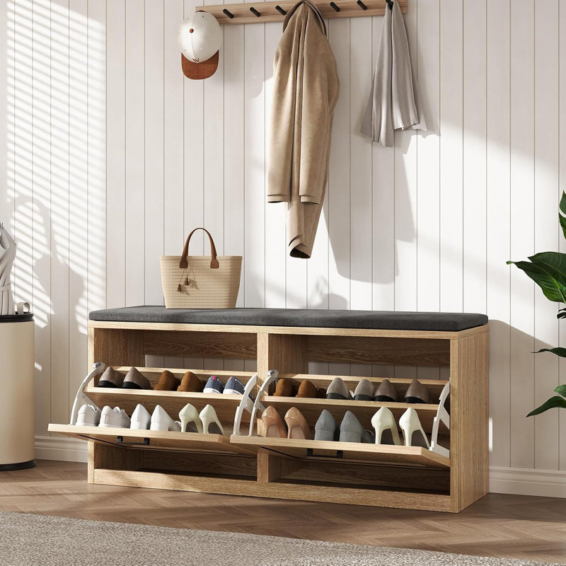 39.4" Shoe Storage Bench With Cushioned Seat & 2 Flip Drawers, Natural
