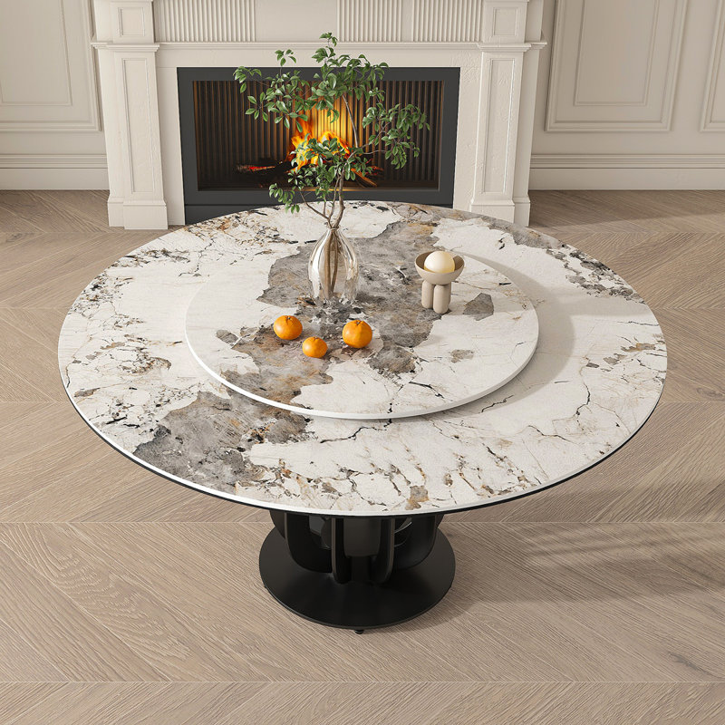 Table de salle à manger ronde en fritté de 53 po avec base en acier au carbone noir et plateau tournant de 31,5 po pour la cuisine et la salle à manger (8 chaises)