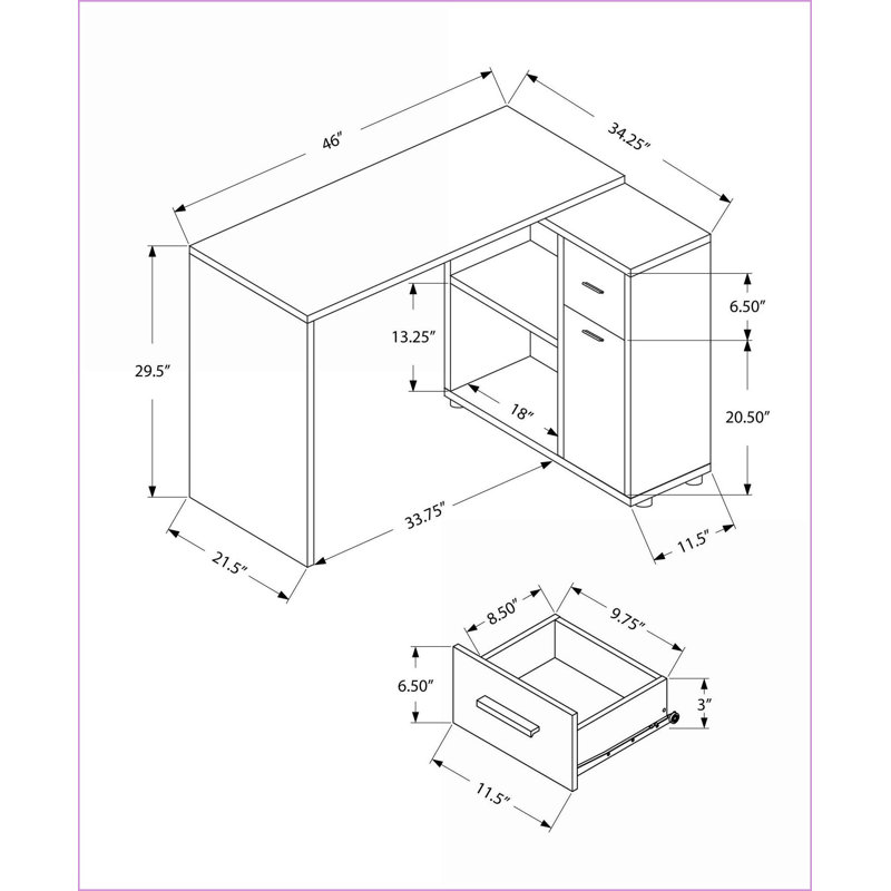 Bureaux, bureau d'angle en L avec tiroirs de rangement, L 46 po moderne | gris | panneau de particules, Gris