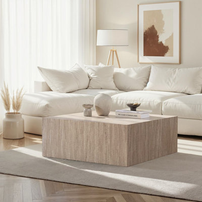 Modern Coffee Table, Travertine, 35.4 x 35.4 x 19.7 inches | 100% MDF, Thickness: 0.7 inches | Elegant Marble Design, Perfect for Living Room & Contemporary Spaces, Stylish & Durable Furniture Piece