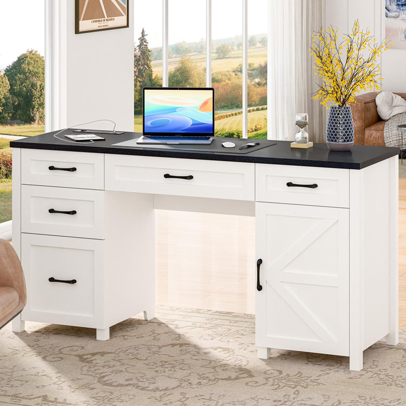 Farmhouse 61'' Executive Desk With 5 Drawers & Charging Station, White, Black