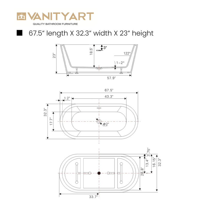 67" x 32" Freestanding Soaking Acrylic Bathtub, White/Matte Black