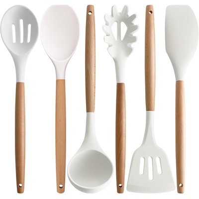 Ensemble d'ustensiles de cuisine en silicone 6 pièces avec poignées en bois, ustensiles de cuisson antiadhésifs et résistants à la chaleur pour batterie de cuisine anti-égratignures, comprenant une spatule, un tourneur, une louche, une cuillère, un