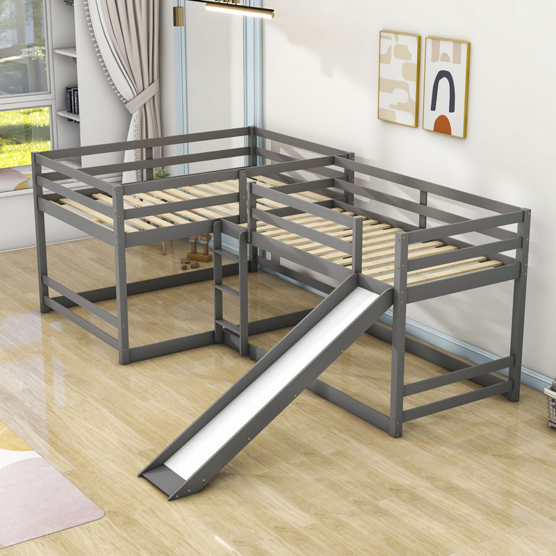 Erl Full Over Full and Twin Over Twin L-Shaped Bunk Beds with Slide, Gray