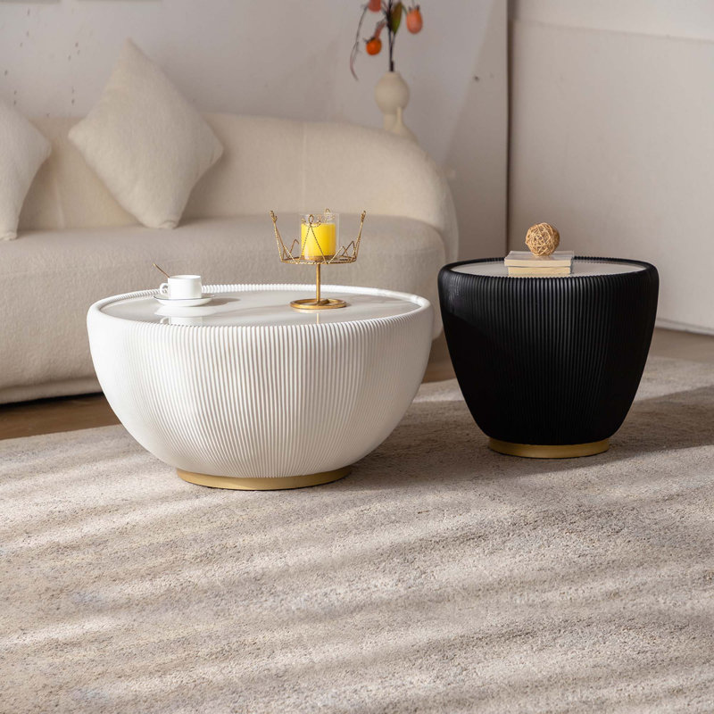 Ensemble de tables basses cylindriques en similicuir avec pierre frittée