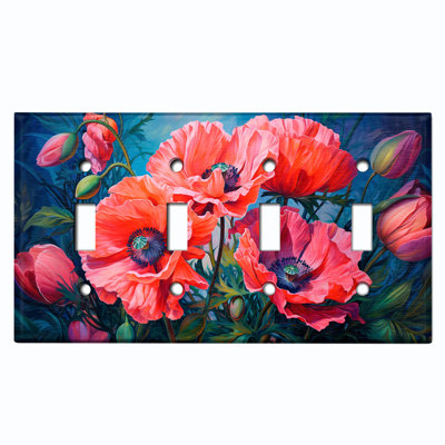 Metal Light Switch Plate Cover; US Standard Size 4 Gang Toggle - Vibrant Pink Poppy Flowers