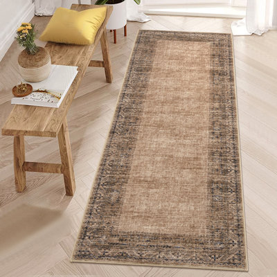 2x6 Washable Runner Rug Vintage Distressed Border Runner Rug for Kitchen Stain Resistant Throw Carpet Non-Slip Backing Floor Cover for Kitchen Hallway Laundry BedroomRed/Brown