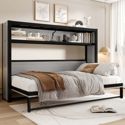 Lit escamotable avec tablettes, lit escamotable en métal avec conception pliable et peu encombrante pour les petites pièces et les bureaux à domicile