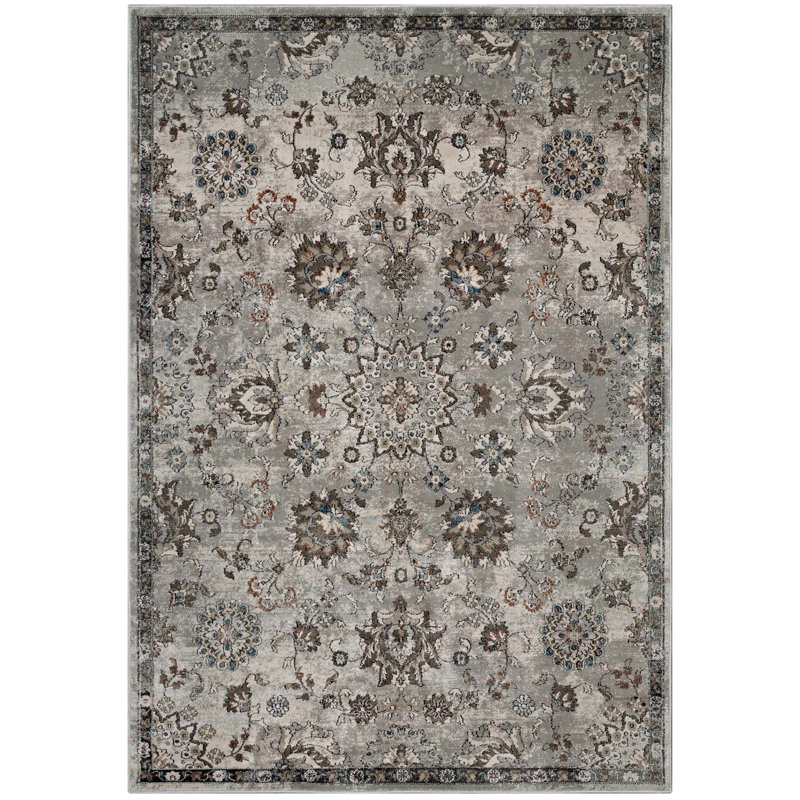 Modway Hana Distressed Vintage Floral Lattice Area Rug in Silver Blue, Beige and Brown, Rectangle 5' x 8'