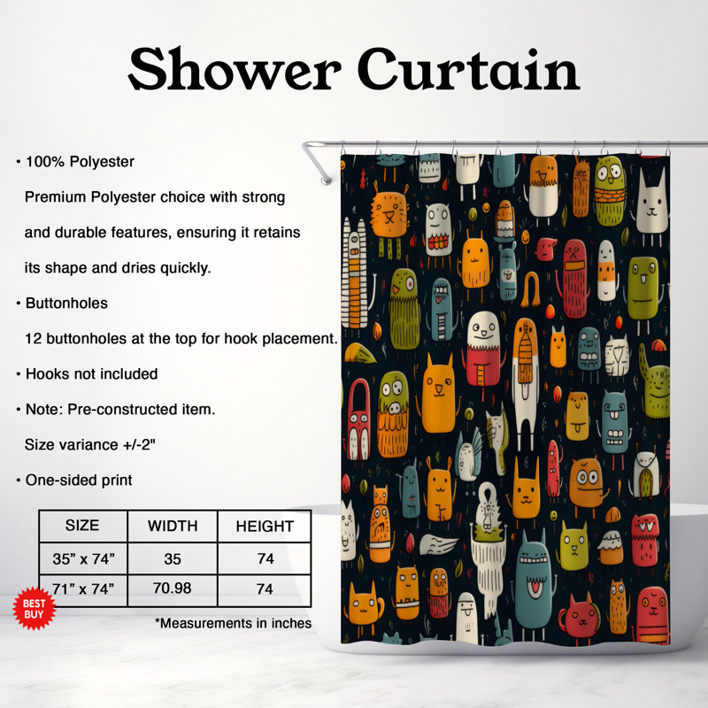 Personnages ludiques - Rideau de douche haut de gamme, H 74 po x l 71 po