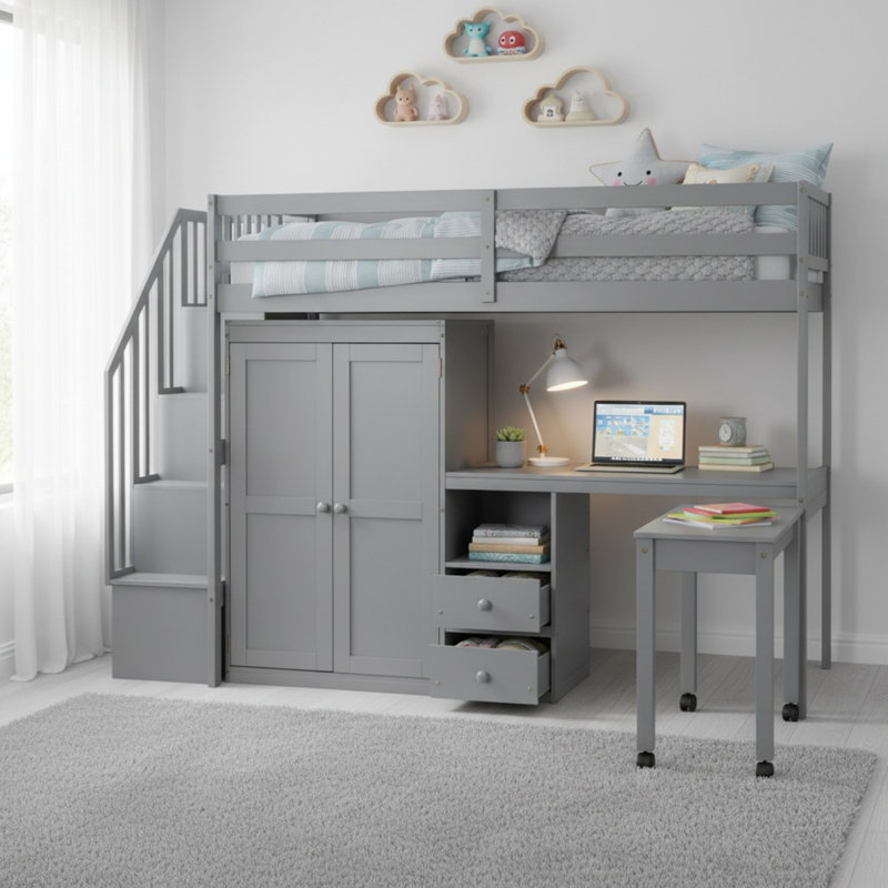 Lit mezzanine avec rangement et bureau, Simple, Gris