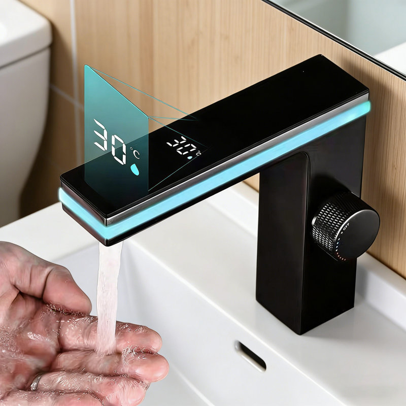 Robinet de salle de bain à affichage numérique de la température, bec cascade noir mat Mosson avec écran DEL
