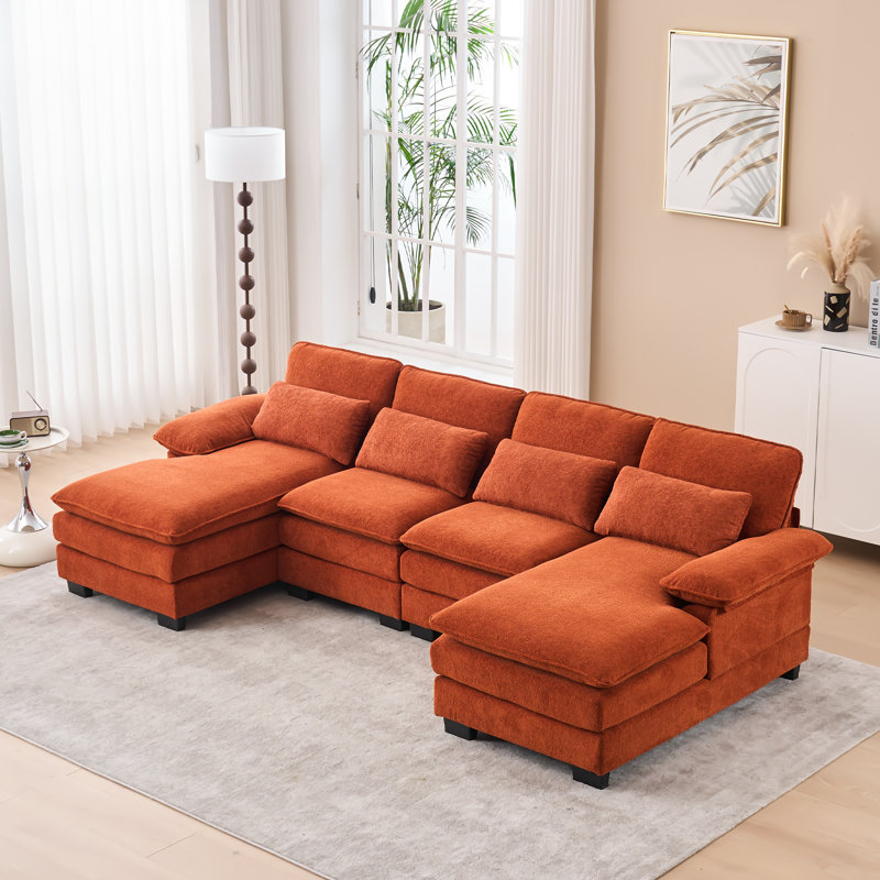 Balendin 111.8'' Soft U-Shape Sectional Couch Upholstered Sofa, Comfy Modular Cloud Couch, Red Orange Chenille