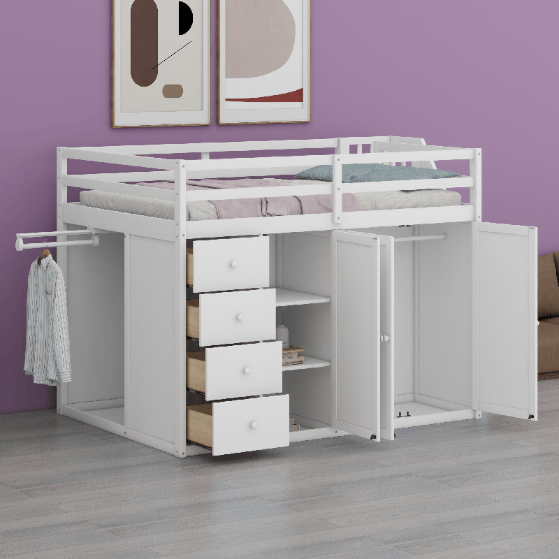Lit mezzanine en bois avec armoires encastrées, Blanc