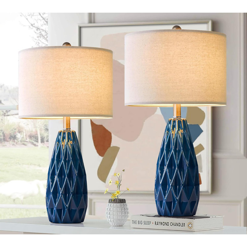 Modern Blue Ceramic Table Lamp Set with Beige Linen Shades